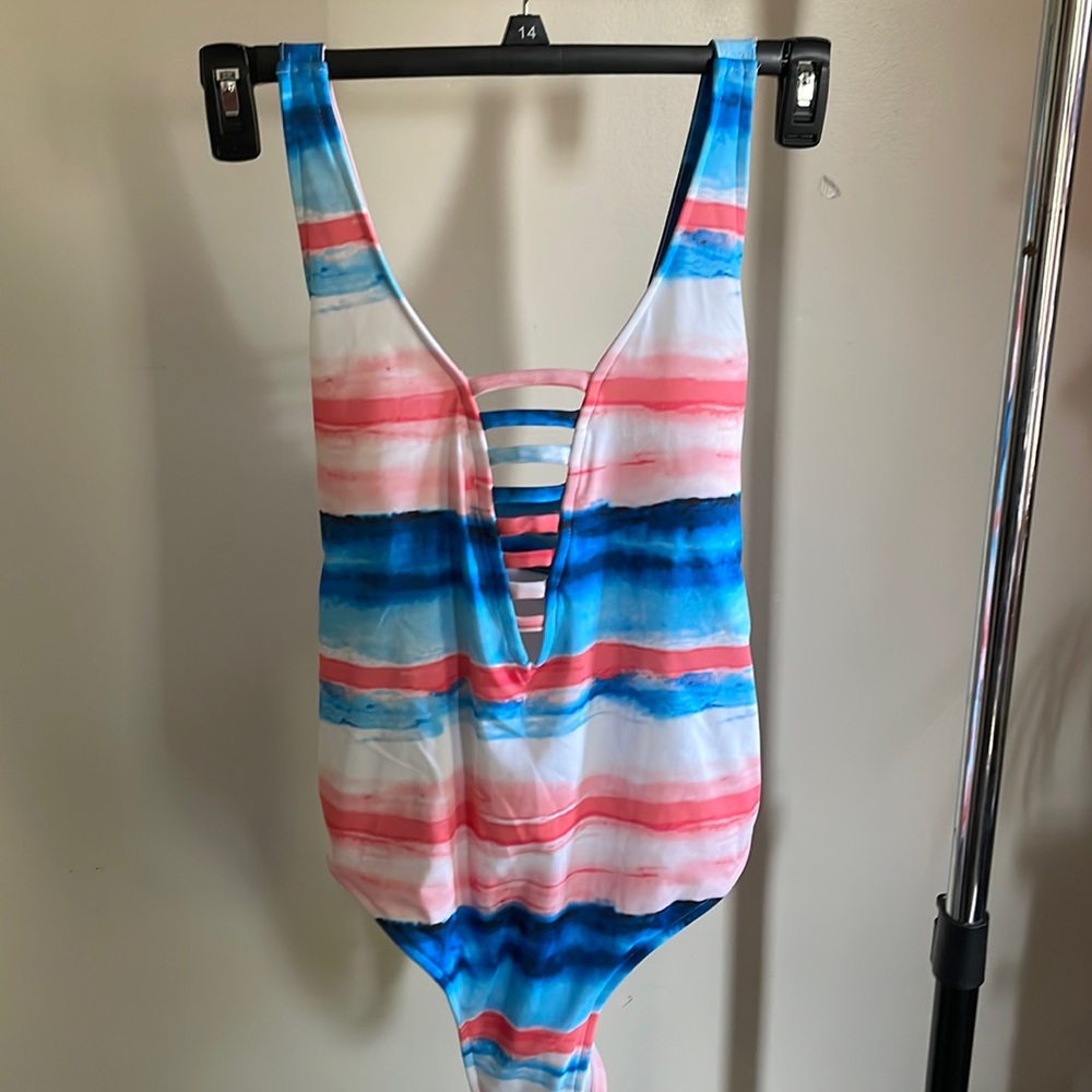 NWT 1pc swim suit rainbow pink & blue  type colors open front